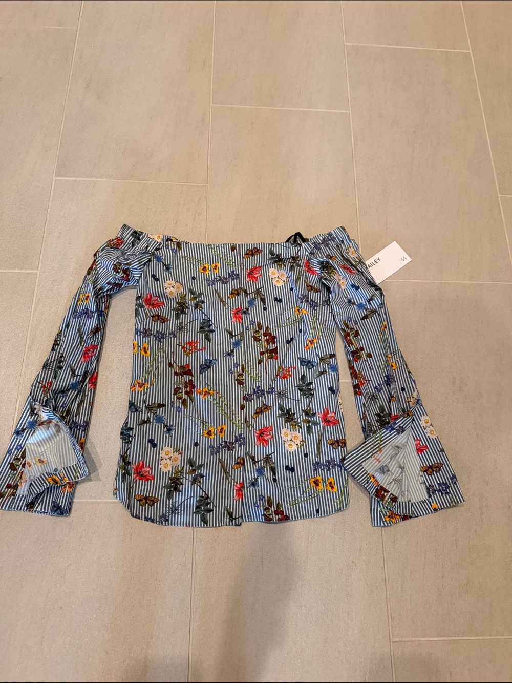 Bailey 44 Blue and White Striped Floral Off-Shoulder Blouse